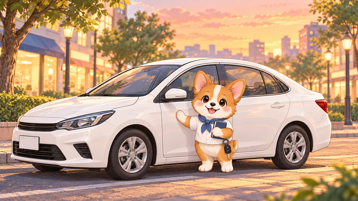 柯基站在白色計程車旁
